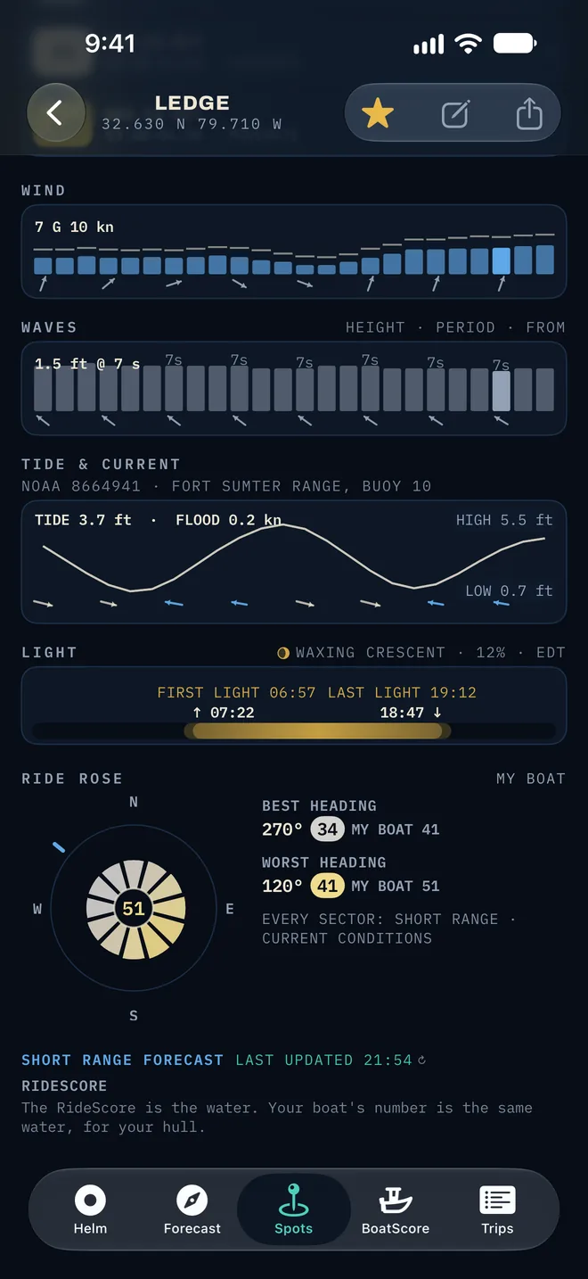 A spot's data: wind, waves, tide and current, light, and the Ride Rose.