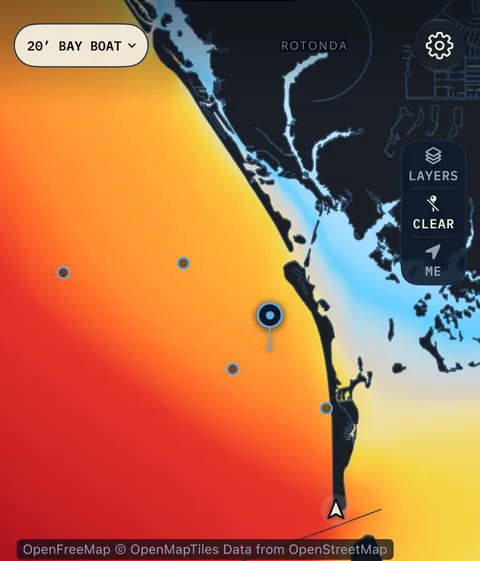 The RideScore map for a 20-foot bay boat: the Gulf coloured red and orange, Rough.