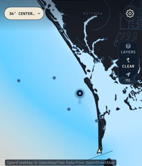 The same map for a 36-foot center console: the same water coloured light blue, Calm.