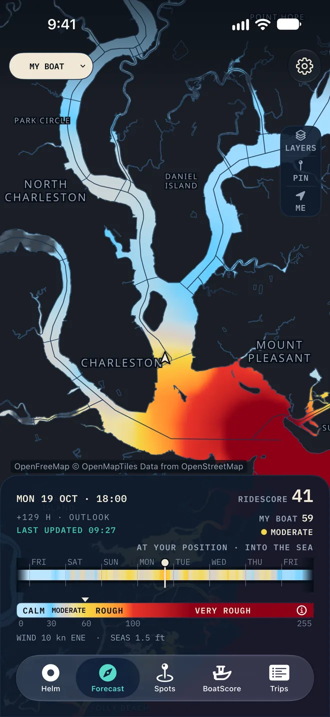 Charleston Harbor on the forecast map, the harbor itself coloured by comfort score.