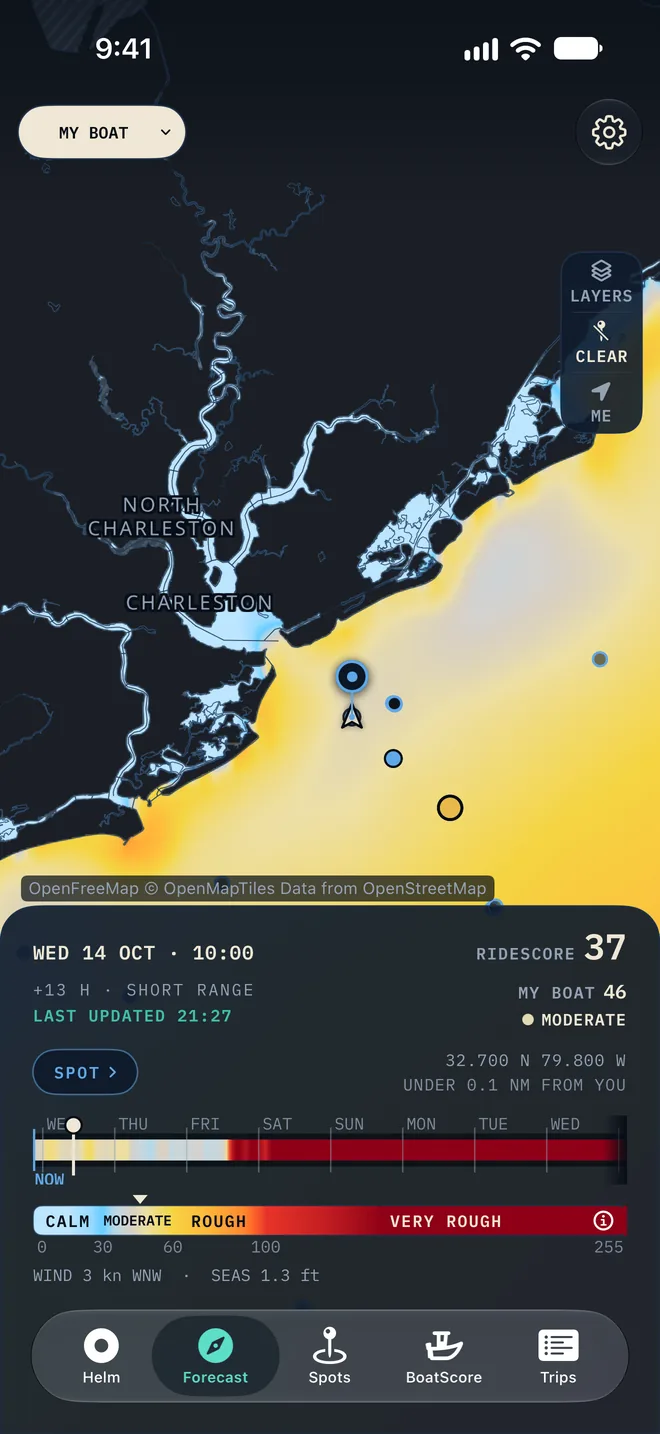The forecast map around Charleston, coloured by comfort score.